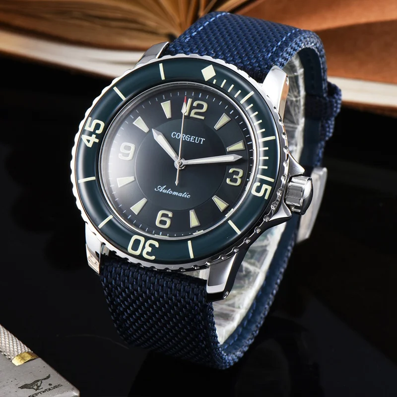 

Corgeut 45mm Mens Automatic Watch Miyota 8215 Movement Dark Green Dial Luminous Clock Blue Nylon Strap Men Watches CA2019SG