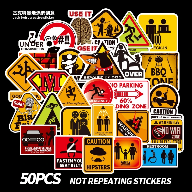 

Stickers Danger Banning Warning Waterproof Stickers Signs Reminder Luggage Laptop Skateboard Sticker Pack Kid Classic Toys 50pcs