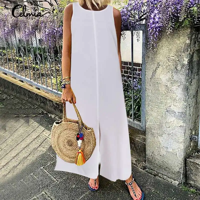 

Vintage Summer Dress Women O Neck Sleeveless Casual Long Shirt Sundress 2019 Celmia Solid Split Beach Party Robe Vestidos S-5XL
