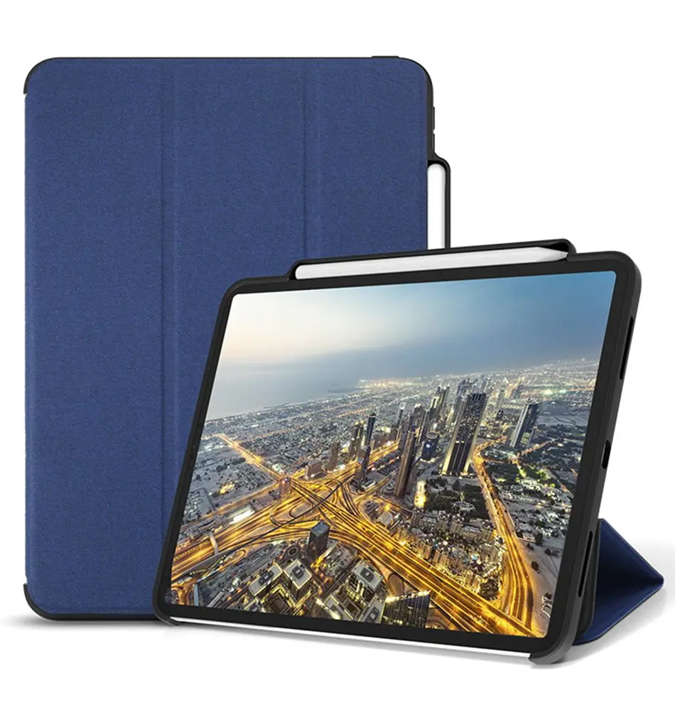 Для iPad Pro 11 Чехол Карандаш Держатель Twill PU Tri-Fold Смарт Флип Чехлы Для iPad Pro 11 Крышка A2013 A1934 A1980 Бизнес Люкс Ретро Винтаж Полная Защита Планшетный ПК Задняя Крышка Кейс для хранения карандаша - Цвет: Blue