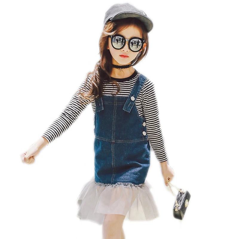 

children clothing spring girls clothes sets top long sleeve stripe t shirt+patchwork mesh denim overall skirt girls outfits 2-7T