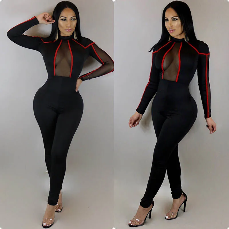 Fashion Net Yarn Splicing Turtleneck Black Jumpsuit Women Sheer Mesh Long Sleeve jumpsuit romper Bodycon Wrap Club Overall Femme (3)
