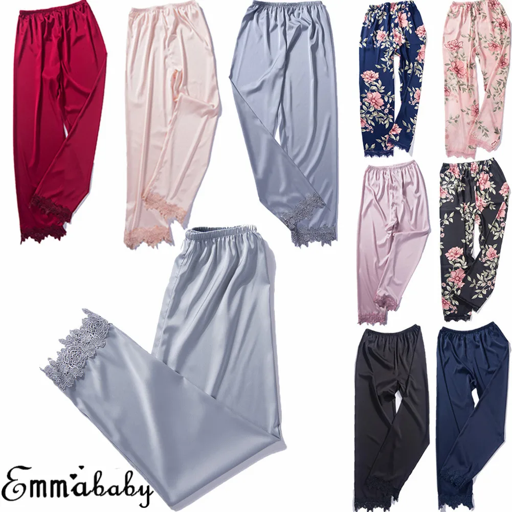 Женские шелковые атласные пижамы для сна, низ пижамы, кружевные Шелковые штаны с цветочным рисунком, пижамы, одежда для дома