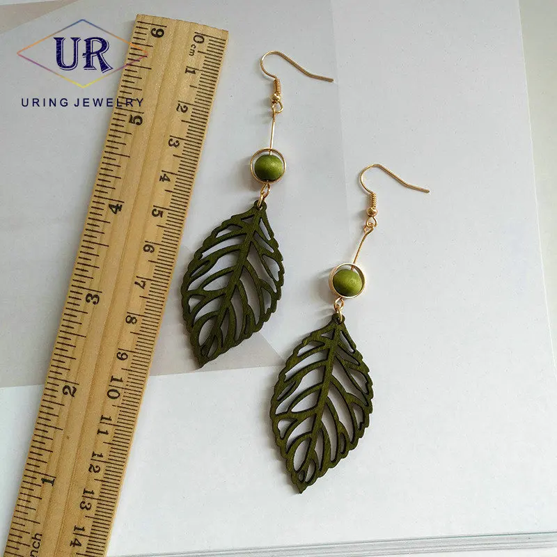 

Piercing Earrings For Women Long Earings Fashion Jewelry Gold-Color Retro Hollow Out Green Leaf Style Jewellry 2018 KA187 KA188