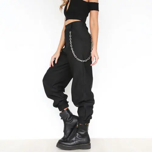 

Women Casual High Waist Cargo Pants Ladies Loose Solid Trousers Side Pockets Elastic Waist