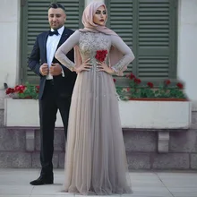 Muslim Chiffon Formal Dress Hijab Lace Long Prom Gowns Full Sleeves 3D Flower 2017 Dubai Abaya