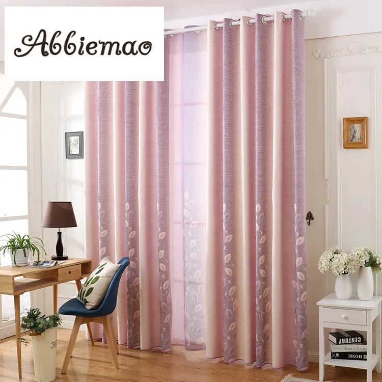

Abbiemao Modern Style Cotton And Linen Curtains Leaves Printing Cloth For Living Room Bedroom Window Purple Green Strip Curtains
