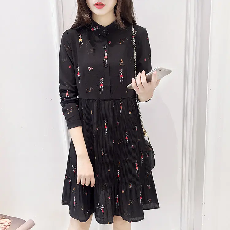 Newest Retro Shirt Dress Women 2019 Autumn Long Sleeve Women Dresses Casual Funny Print Dress Fashion O-Neck Pleated Vestidos Mujer  (4)