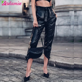

ESDAMIER Hot Sale High Waist PU leather Pants Women Streetwear Fashion Bandages Ankle-Length Pants With Belt High Quality