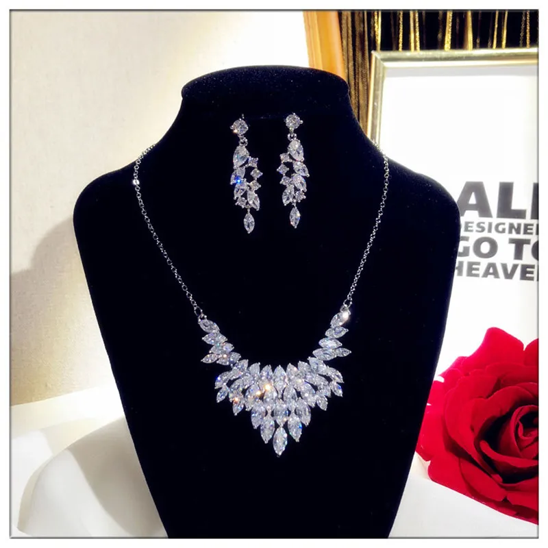 Fine Jewelry Sets For Women 925 Sterling Silver Cubci Zirconia Necklace Pendant Drop Earrings Luxury Bridal Wedding Bijoux Femme