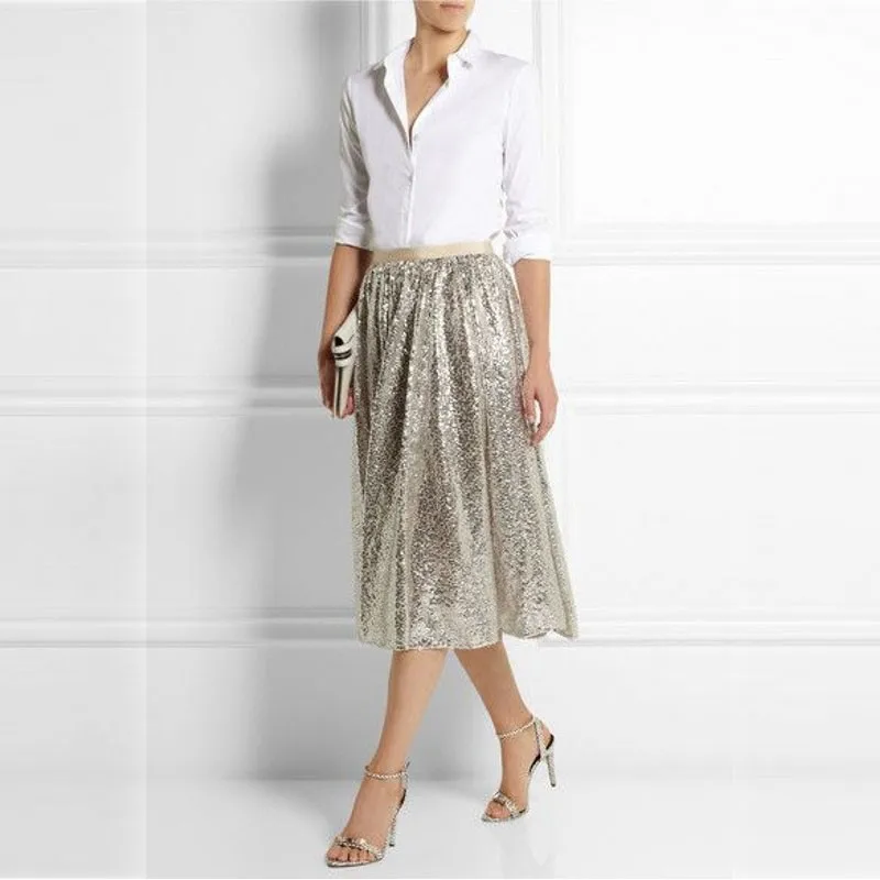 

Bling Sequins Tea Length Formal Women Skirt A Line Mid Calf Zipper Style Sequined Adult Skirt for Office Lady Custom Made