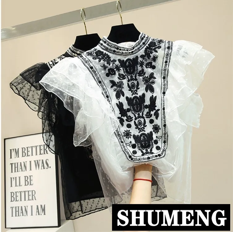 

2019 New Spring and Summer Women's Personality Lace Embroidered Sleeveless Mesh Blouse Stand Collar Lace Shirt Tops