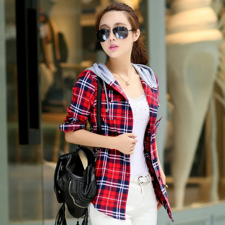 Skup Nowy Przyjazd 2018 Jesień Bawełny Z Długim Rękawem Czerwony Sprawdzone Plaid Shirt Kobiety Kapturem Casual Fit Bluzka Plus Rozmiar Bluza