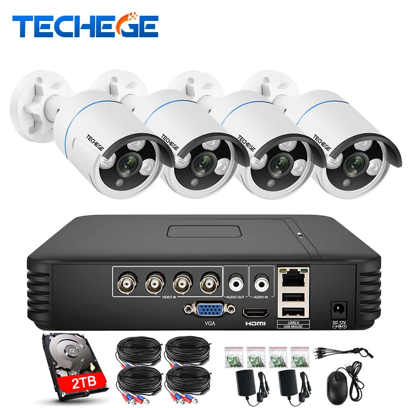 

Techege 4CH AHD 3 IN 1 Security DVR System HDMI 1280*720 1200TVL AHD Weatherproof Outdoor CCTV Camera 1.0MP AHD Surveillance Kit