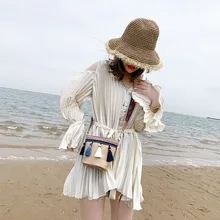 Embroidery Messenger Shoulder Bag Straw Beach Bag 2019 New Woven Tassel Bucket Bag Personality Original Handbag Vacation vintage women weaving tassel straw bag solid shoulder bag messenger bucket beach bag handbag