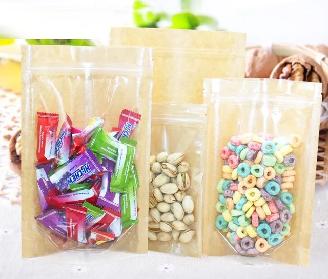 One side clear Kraft Paper Gift Bags Wedding Candy Packaging Recyclable Food Bread Shopping
