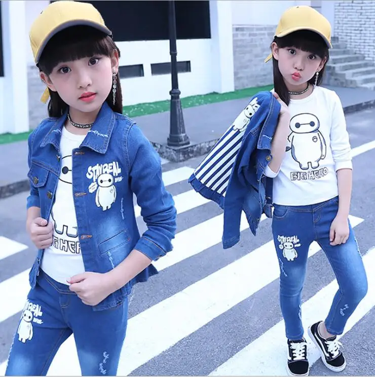 

Fashion Clothing Kids Cowboy Suit Children Girls Sports Denim Clothes cartoon Denim Jacket + T-shirt+Pants set 3pcs set 4-13year