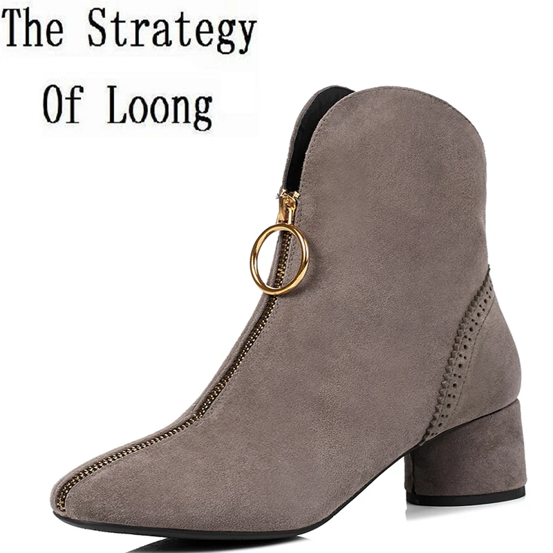

2017 New Spring Autumn Genuine Leather High Top Ankle Boots Metal Decoration Zip Sheepskin Pure Color Women Short Boots ZY170920