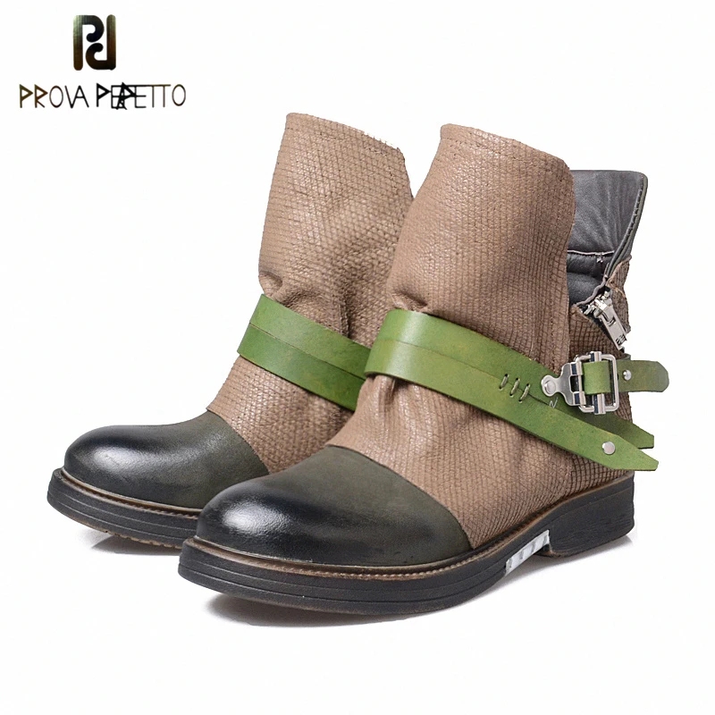 

Prova Perfetto Buckle Belt Flat Ankle Boots for Women Side Zipper Straps Genuine Leather Short Botas Female Platform Martin Boot