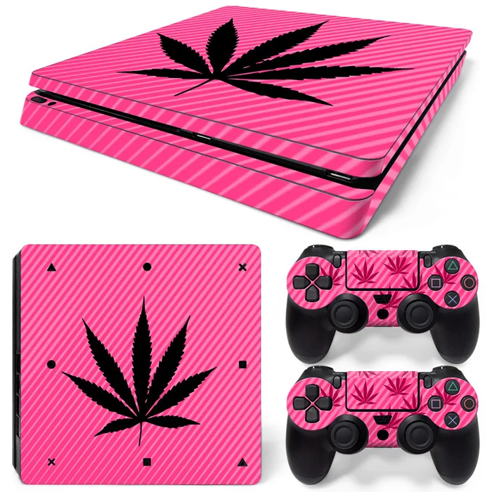 

pink background leave skin wrap for PS4 slim console and two controller covers skin sticker decals #TN-P4Slim-0201