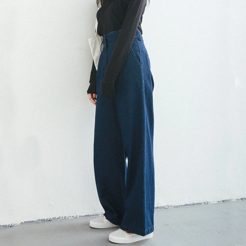 

2019 Spring Autumn New Women Vintage Denim Pants Solid Color High Waist Straight Wide Leg Pants Female Denim Trousers