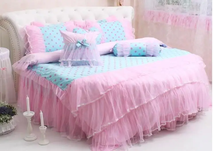 Sale LACE ROUND Corner Bed Europe Orange color Flower Bedding sets Cotton Round Double Bed sheet Duvet cover Pillow case Bedskirt 20
