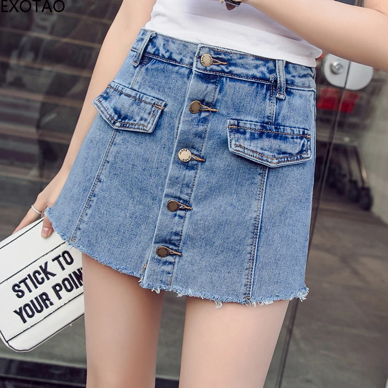EXOTAO Front Button Shorts Skirts Jeans Summer Mini Mid Waist Ripped A Word Denim Black Shorts 