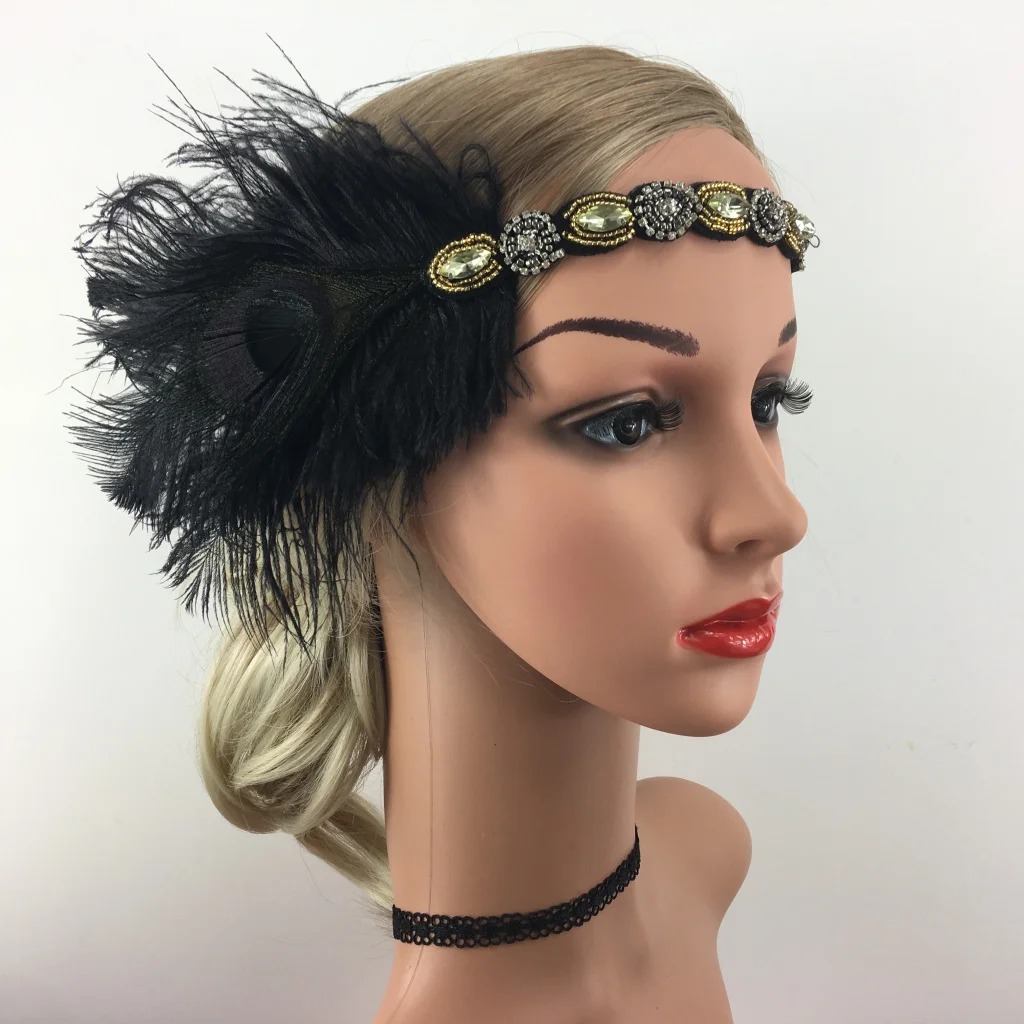 

Fashion 1920s Elastic Headpiece Black Feather Flapper Headband Great Gatsby Vintage Prom Tea Party Headdress