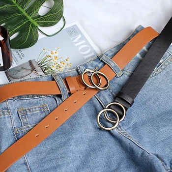 

Leather Vintage Women Belt Round Double Ring Buckle Casual Tighten Holes Adjustable Waistbands 105CM Dress Jeans Accessories