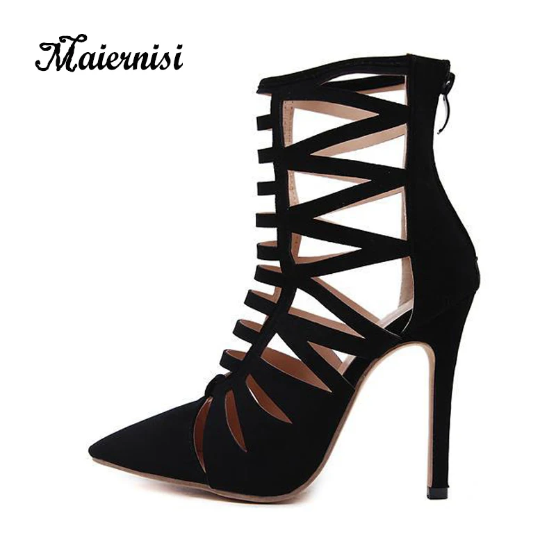 

MAIERNISI Hollow Sexy Women Pumps Womens Zipper Catwalk Sandals Pointed Toe High Heel For Ladies Black Color Prom Stilettos