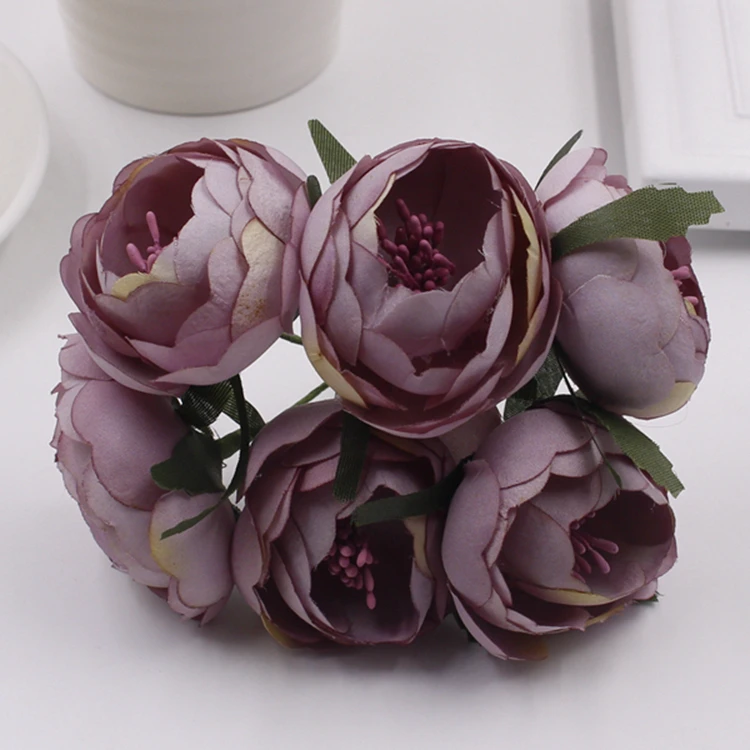 Партия 6 шт., искусственные цветы розы, винтажные бутоны для чая, букет цветов, сделай сам, Свадебный венок бутоньерка, свадебные искусственные цветы - Цвет: Gray Purple