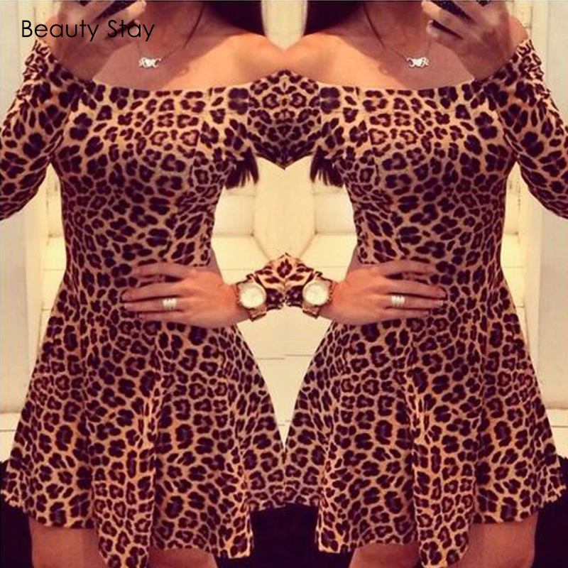 

Beauty Stay Women Sexy Dress Leopard Printing Off Shoulder Slash Neck Long Sleeve Zippers Evening Club Party Women Mini Dress
