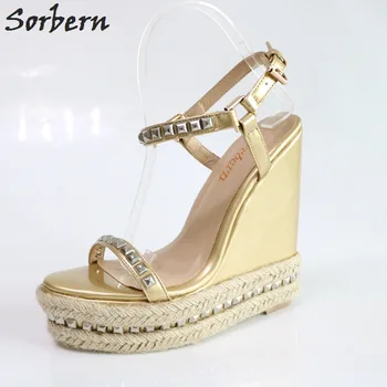 

Open Toe Summer 2015 Ladies Wedge Sandals High Heels High Platform Ankle-Wrap Buckle Rivets Charm Shoes Woman Casual Handmade