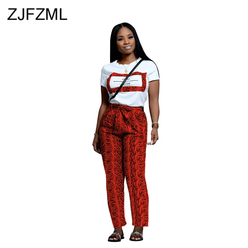 

Snake Print Sexy 2 Piece Set Summer Clothes for Women Short Sleeve O Neck White Tshirt + Belted Straight Pants Causal Sweat Suit