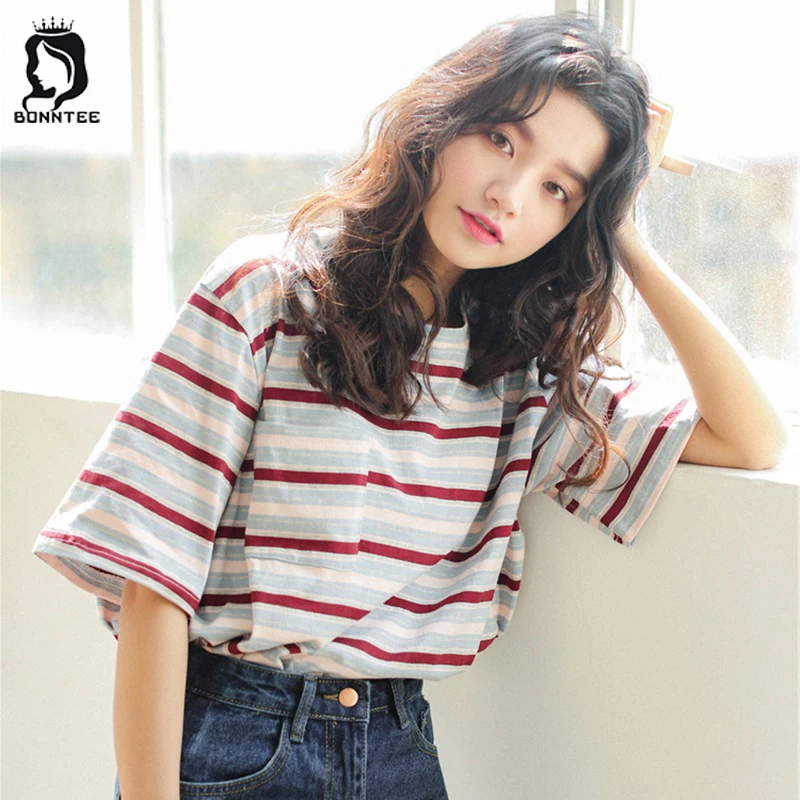 

Harajuku Loose Women 5 Quarter Sleeve T-Shirts Womens BF Striped Fashion Female T-shirt Females Korean Style Casual Students Top