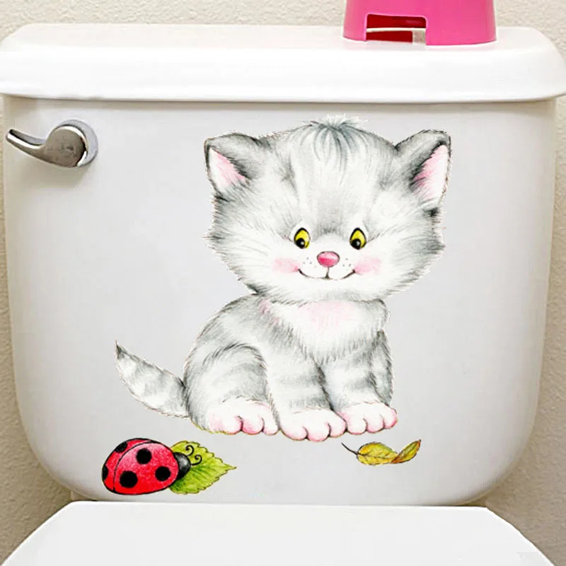 Очень милая наклейка на стену в виде мультяшного котенка для ванной, унитаза, в гостиную, украшение дома, арт-наклейки, постер, обои наклейка, наклейки
