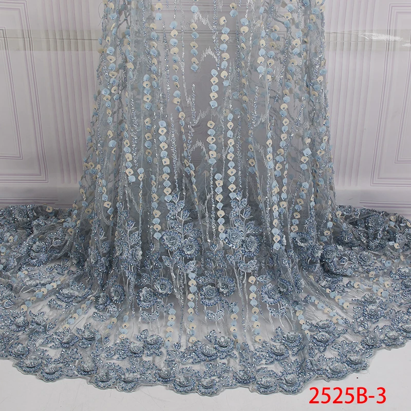 

2019 high quality 3d Flowers Tulle Lace Fabric Nigerian Handmade Beads With Stones Embroidered Mesh Tulle Lace Fabric XZ2525B-1