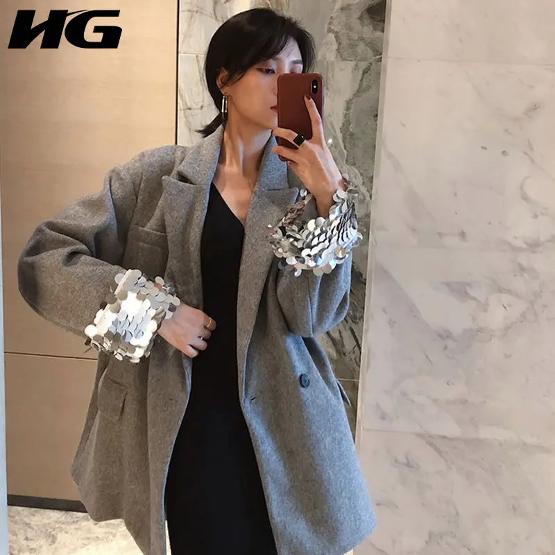 [HG] Streetwear Fashion Women Winter Spring Double Breasted Notched Collar Pocket Coat Female Patchwork Sequined Blazer ZLL2662 | Женская