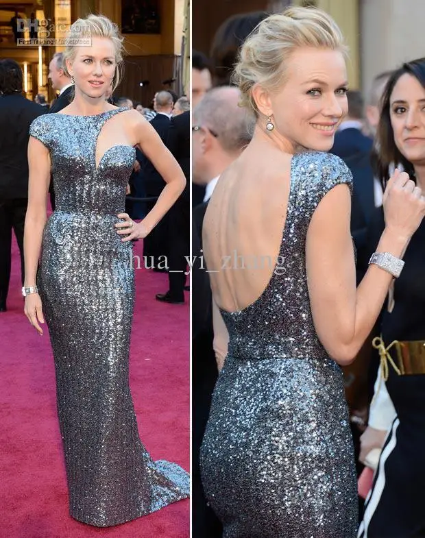 

free shipping 2014 vestidos formales long Naomi Watts 85th Oscar Celebrity Dresses Red Carpet Gowns Metal Silver Best Dressed