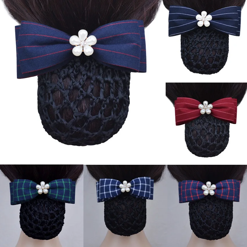 

i-Remiel British Style Flower Bow Bun Net Snood Hairpins for Hotel Bank Bowknot Stripe Grid Professional Headdress Accessories