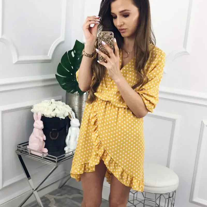 GUMPRUN-Polka-Dot-Print-Elagant-Red-Dress-Women-Sexy-V-Neck-Ruffles-Short-Dresses-Summer-2018