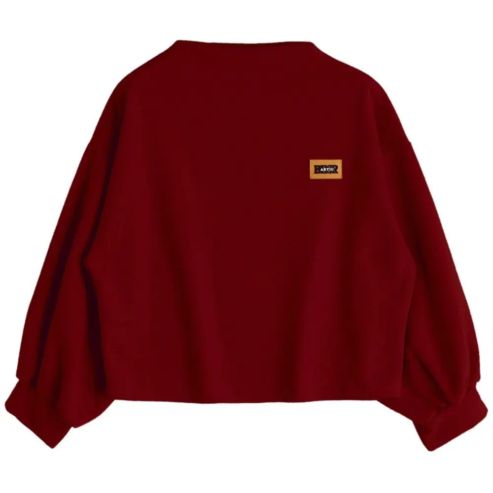 

Candy Colors Solid Girls Sweatshirt Autumn Long Lantern Sleeve Badge Patchwork Pullovers Crew Neck Drop Shoulder Tops