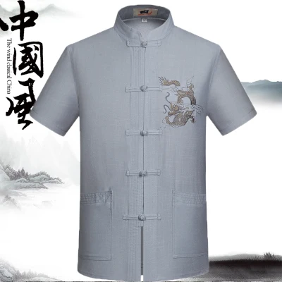Новинка, мужской костюм в стиле династии Тан с короткими рукавами и вышивкой китайского дракона, традиционная летняя Боевая художественная футболка в стиле кунг-фу