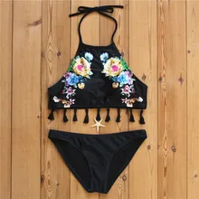 Сексуальная высокая шея bikinis push up женщин купальники плавать пляж холтер черный кисточкой женщины купальники майо де бейн лето купальник