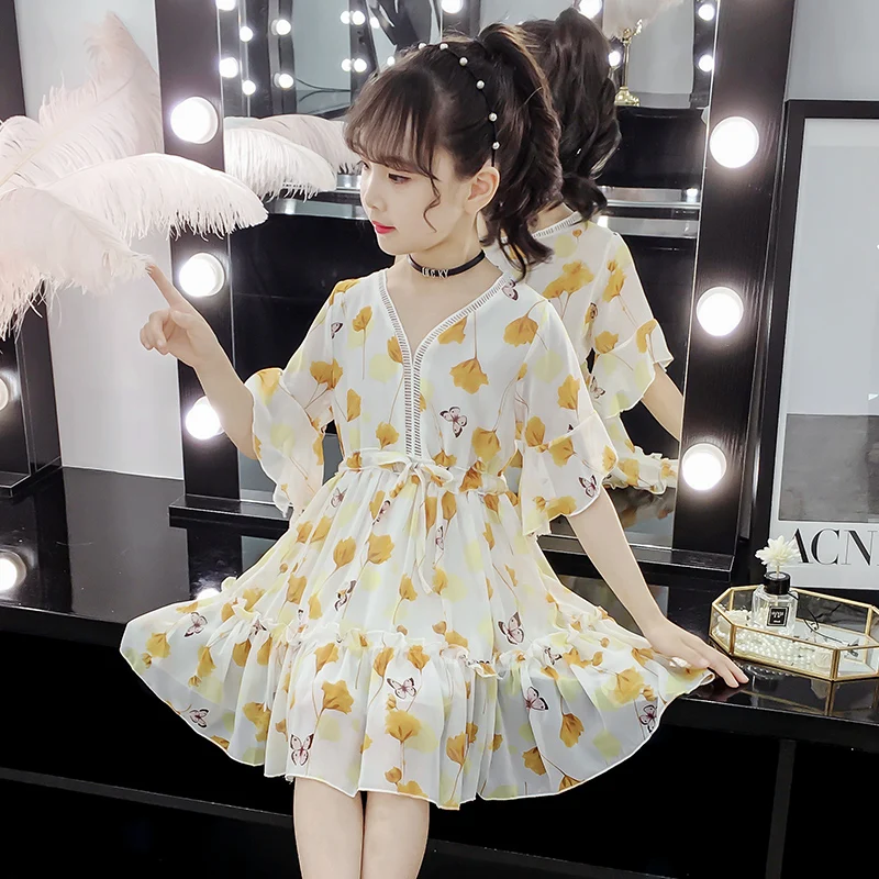 

Summer Chiffon Girls Dresses New Butterfly Print Cute Princess Dresses for Baby Kids Clothes Vestidos 6 8 10 12 Years Children