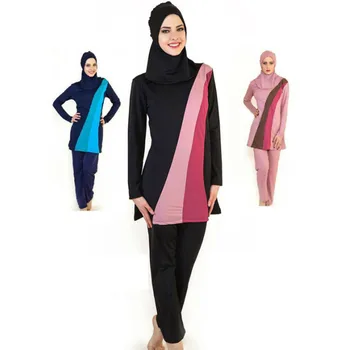 

2018 new muslim swimwear modest muslim hijab islamic swimsuit Stripe stitching full cover conservative burkinis set beachwear