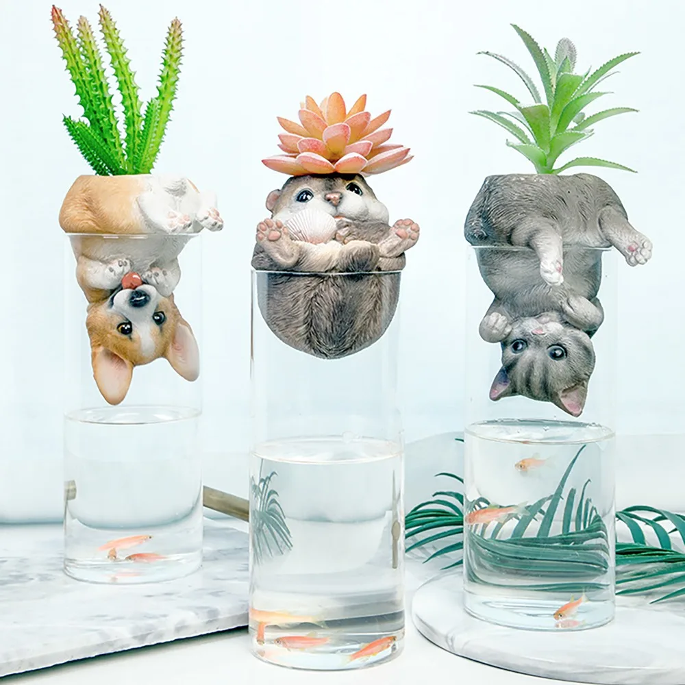 

Decorative Cute Animal and Glass Flower Pot Planter Vase Corgi Dog Cat Kitten Hamster with Artificial Succulents Cacti