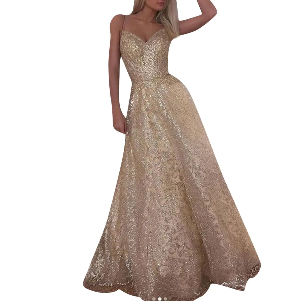 

Women Sexy Luxury Dress Spaghetti Strap Off Shoulder V-neck Evening Party Night Summer Beach Dress Sundress #TJ