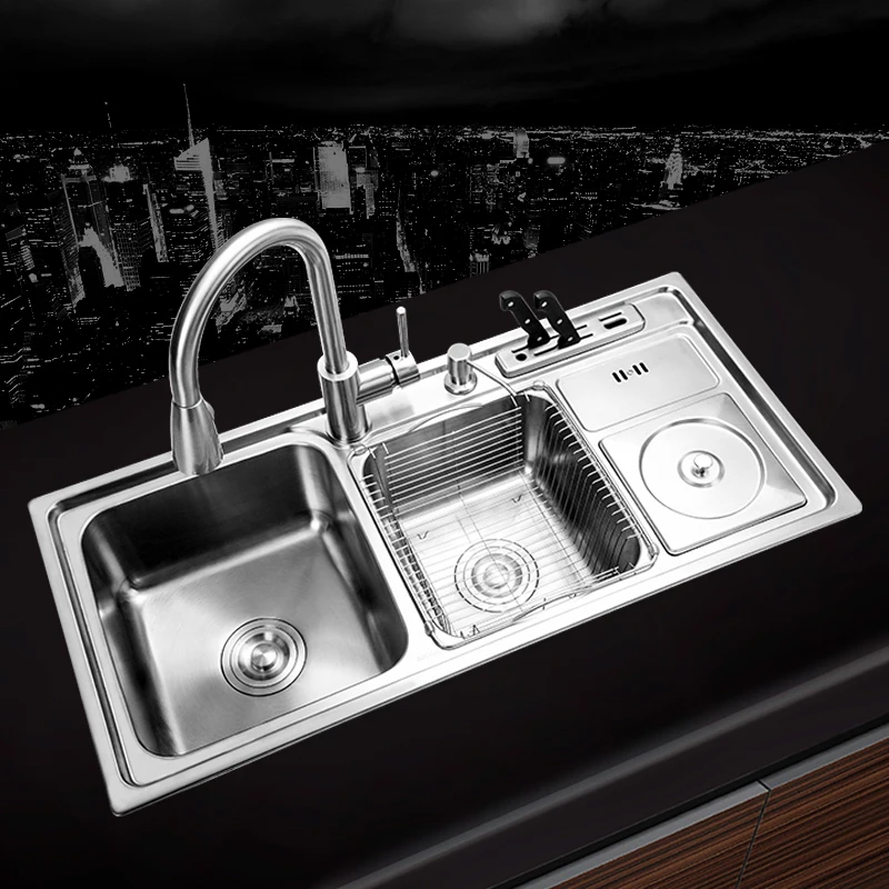 (910*430*210mm) 304 Stainless Steel Undermount Handmade Brushed Seamless Welding Kitchen Sink Set with Drawing Drainer Dispenser