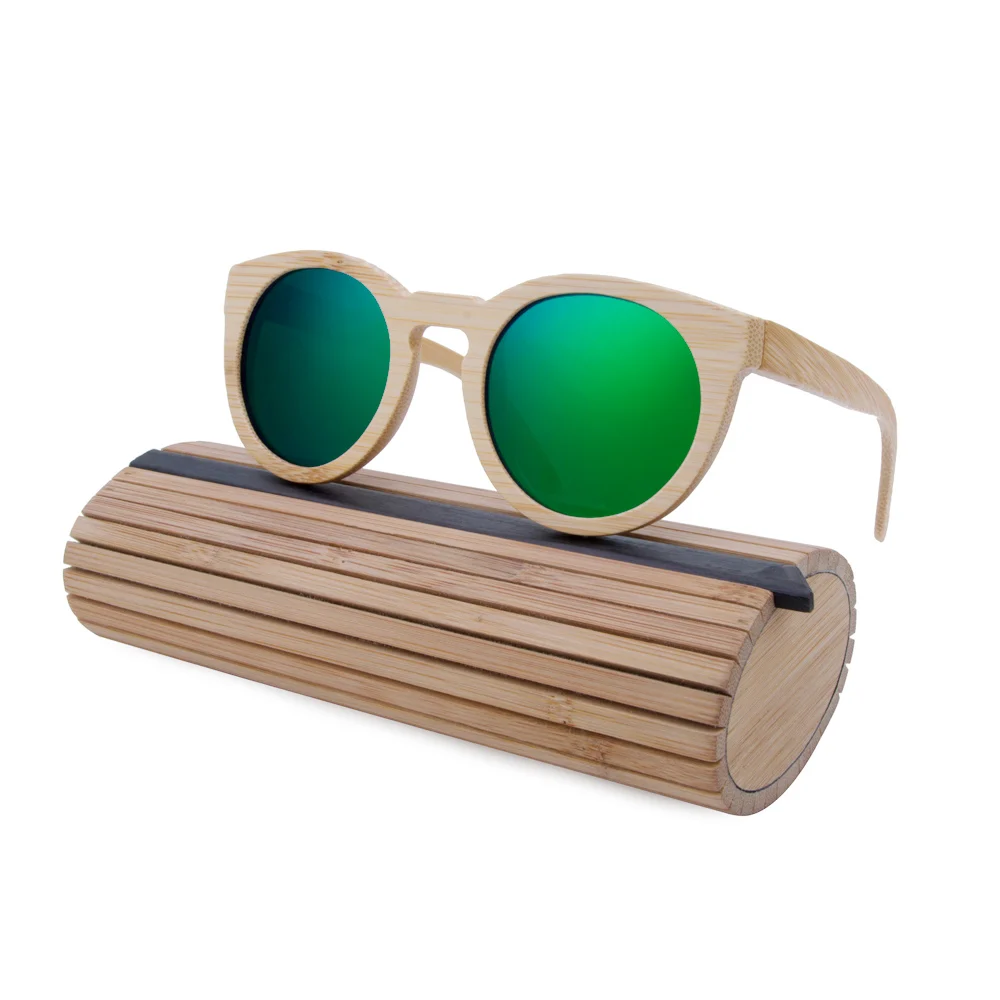 BerWer деревянные солнцезащитные очки wo для мужчин круглая оправа, бамбуковые, солнцезащитные очки винтажная деревянная оправа ручной работы солнцезащитные очки для мужчин очки Oculos - Цвет линз: green lens with case